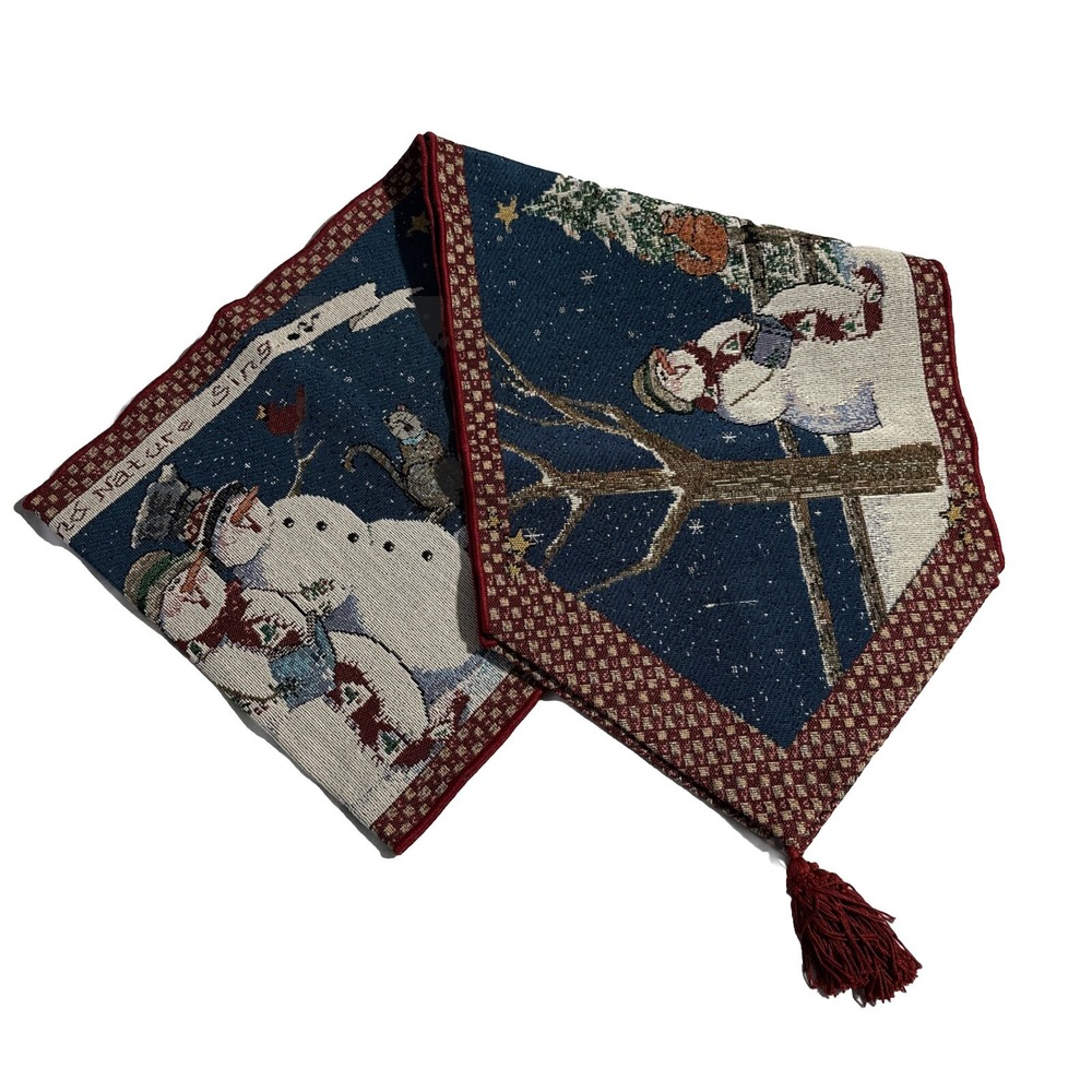 Tapestry 13" x 72" Snowman Cat Sheep Cardinal Tasseled Table Runner‎ Made USA